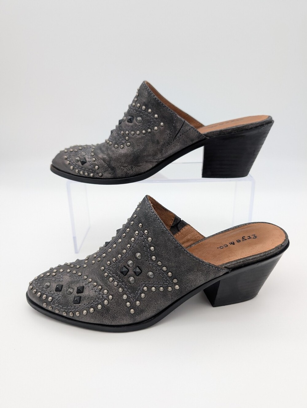 Frye & Co Phoenix Studded Heeled Mule Gray, Silver And Black 7.5M - Picture 10 of 11